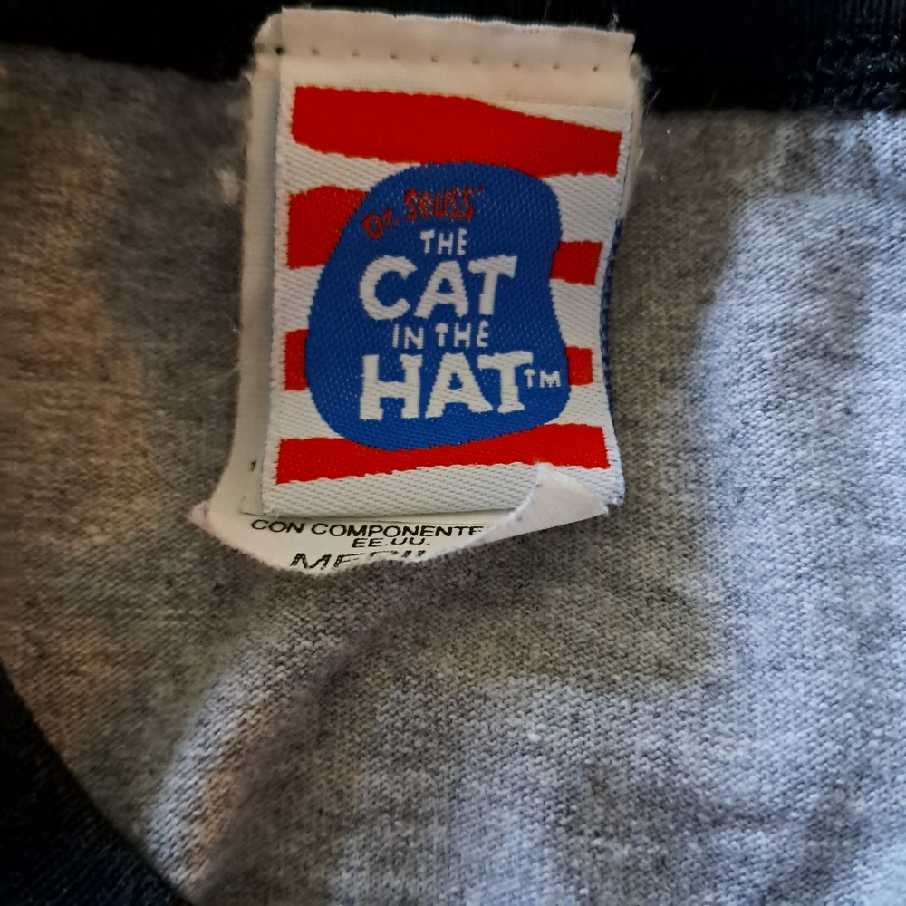 Vintage Dr. Seuss Cat in the Hat Graphic T Shirt Ringer Cotton Blend Grey Medium - Picture 6 of 7